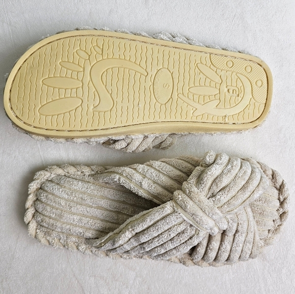 Women's Cross Band Bow Slippers Cozy Open Toe House Shoes Corduroy, BEIGE - Picture 8 of 9